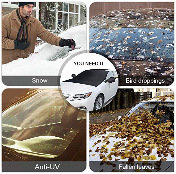 Easy install magnetic car windshield cover. Frost guard, ice shield, snow protector, and sun shade for all-year car care.
