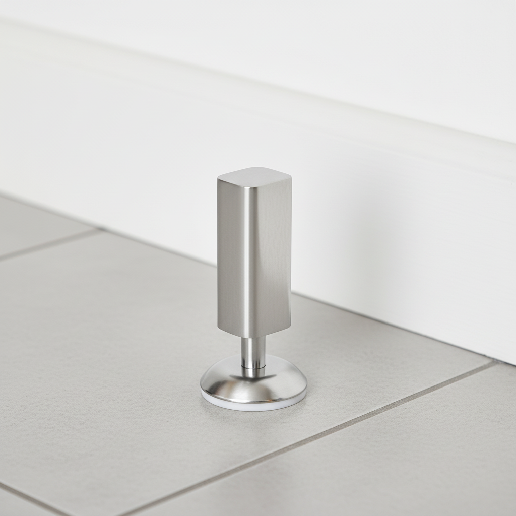 Magnetic Floor Door Stopper SilentGrip, sleek silver, floor-mounted, protecting walls and doors from slams.