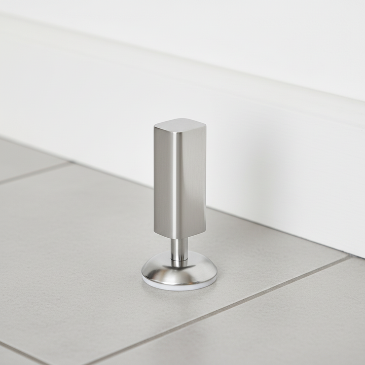 Magnetic Floor Door Stopper SilentGrip, sleek silver, floor-mounted, protecting walls and doors from slams.