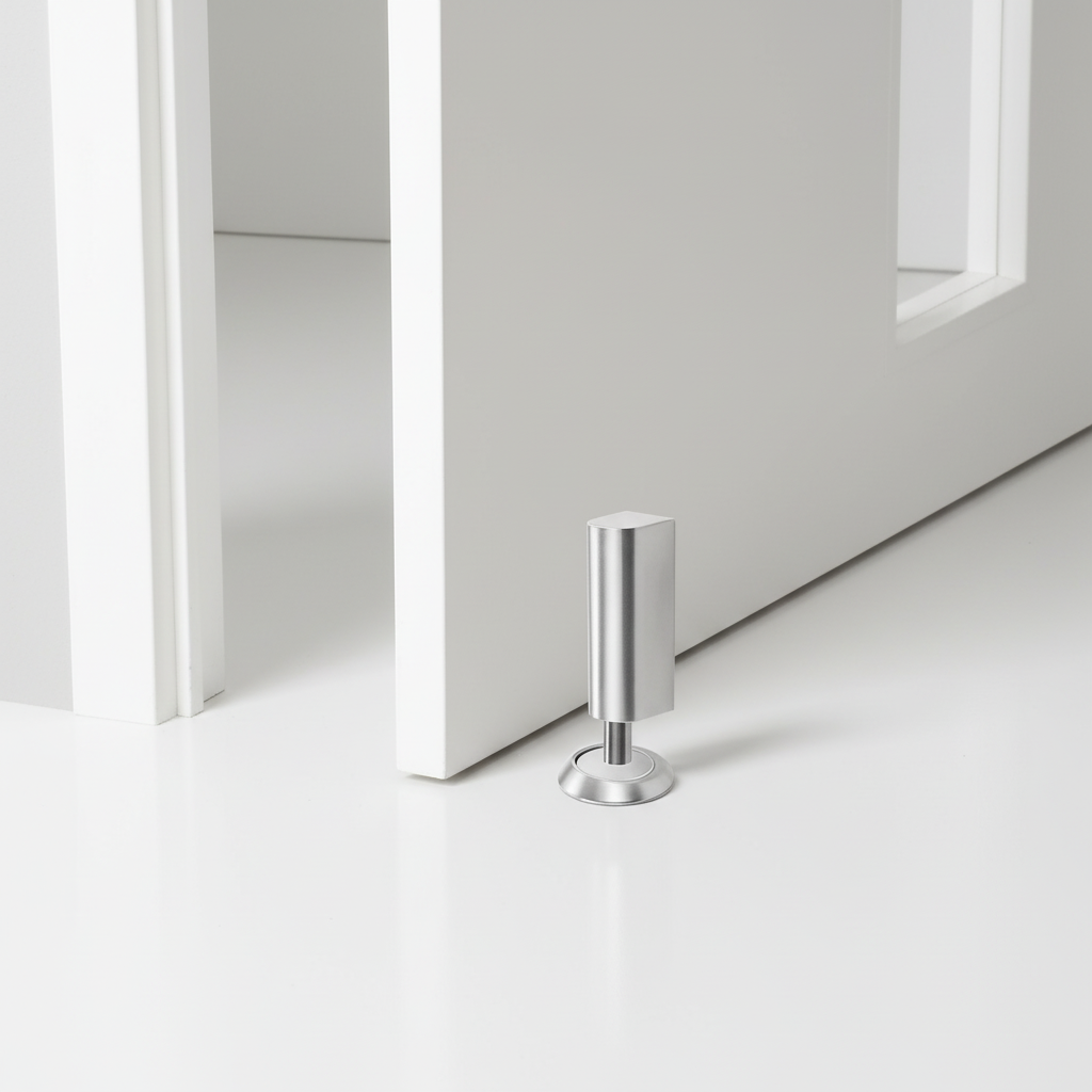 SilentGrip magnetic door stop, modern floor mount design, brushed chrome finish, ensures quiet door closing.