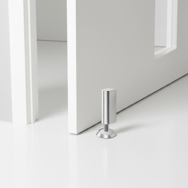 SilentGrip magnetic door stop, modern floor mount design, brushed chrome finish, ensures quiet door closing.