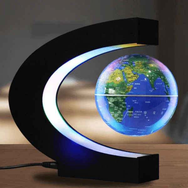 Magnetic levitating globe with colorful LED light display. Unique educational desk toy and modern home decor.