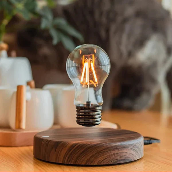Magnetic levitating light bulb lamp with walnut wood base, modern desk decor