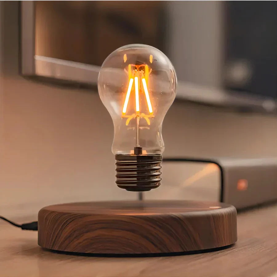 Floating LED bulb lamp with a sleek walnut base, unique ambient lighting