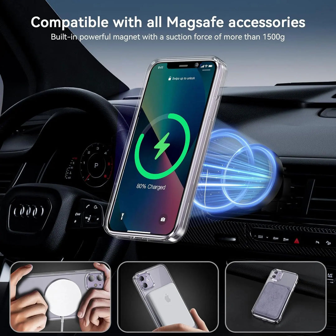 Detailed view of the DuoShield Magnetic Shockproof iPhone Case, highlighting the precision fit and integrated glass protector for advanced impact absorption.