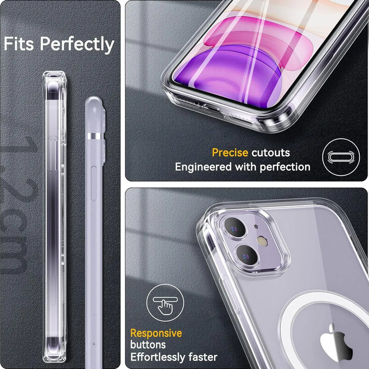 iPhone model shown fitted with the DuoShield Magnetic Shockproof Case, emphasizing its sleek design, robust protection, and MagSafe functionality.