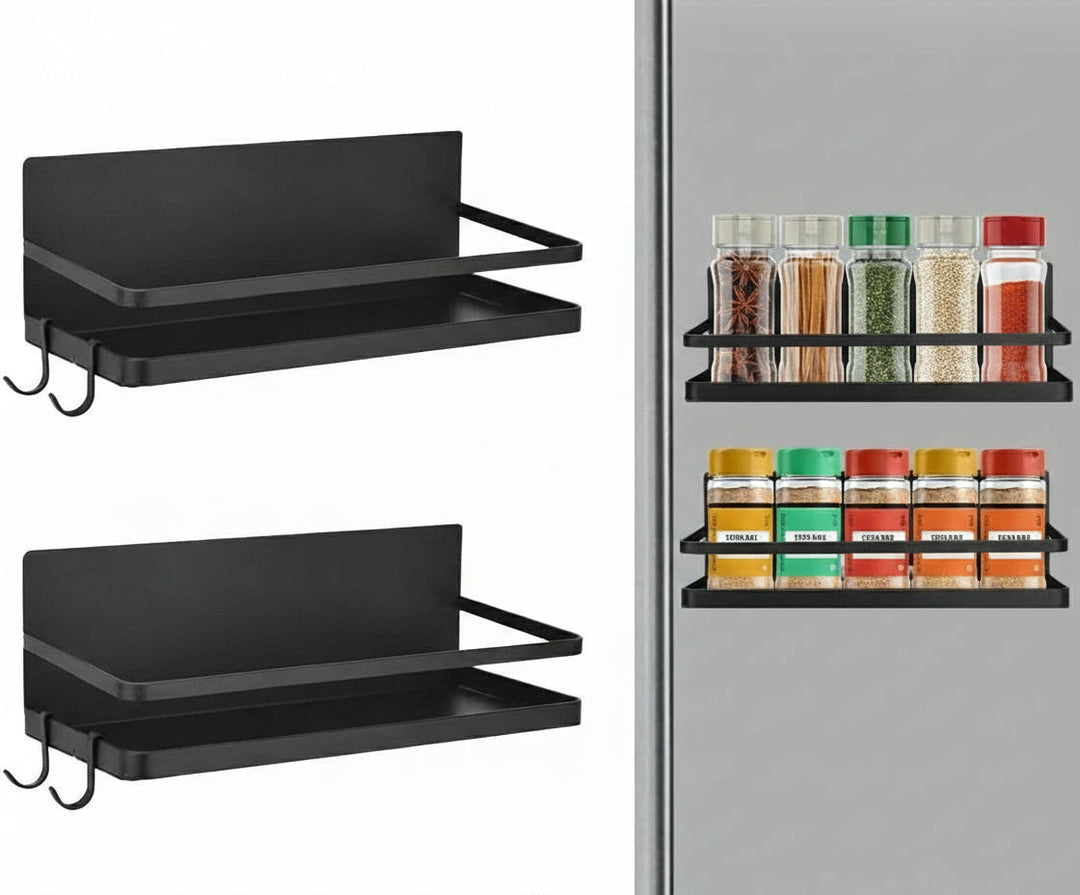 Magnetic spice rack set by Vespera, black metal with strong magnets, attached to a fridge for kitchen organization
