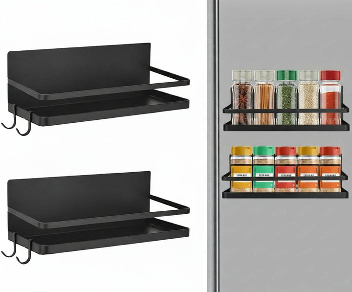 Magnetic spice rack set by Vespera, black metal with strong magnets, attached to a fridge for kitchen organization