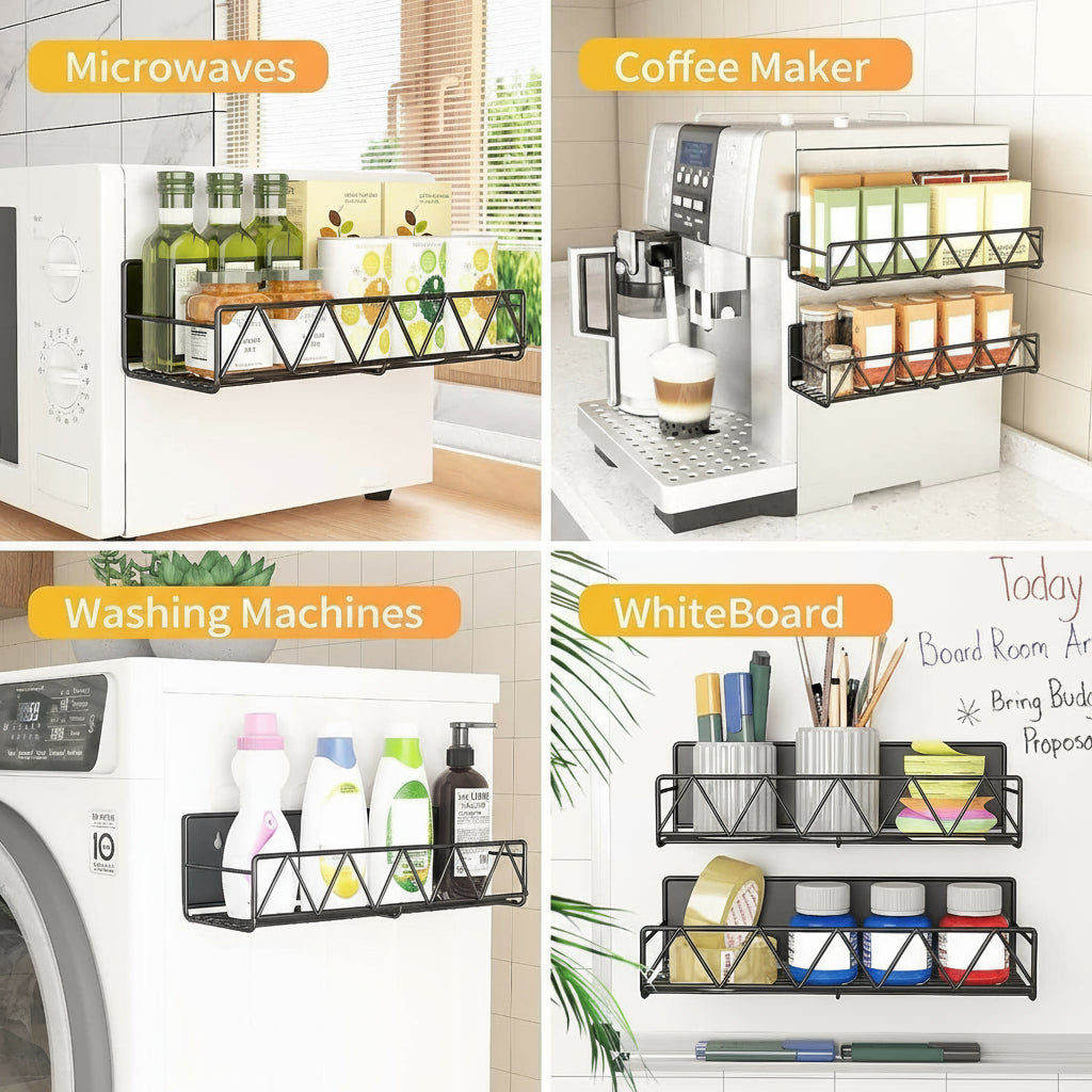 Vespera magnetic condiment holder, showcasing its capacity to store multiple jars and bottles on a kitchen fridge