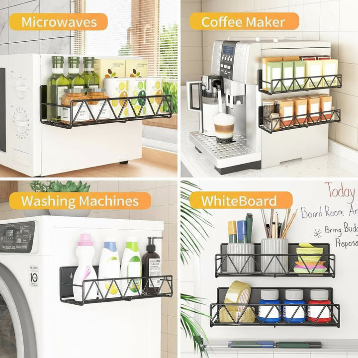 Vespera magnetic condiment holder, showcasing its capacity to store multiple jars and bottles on a kitchen fridge