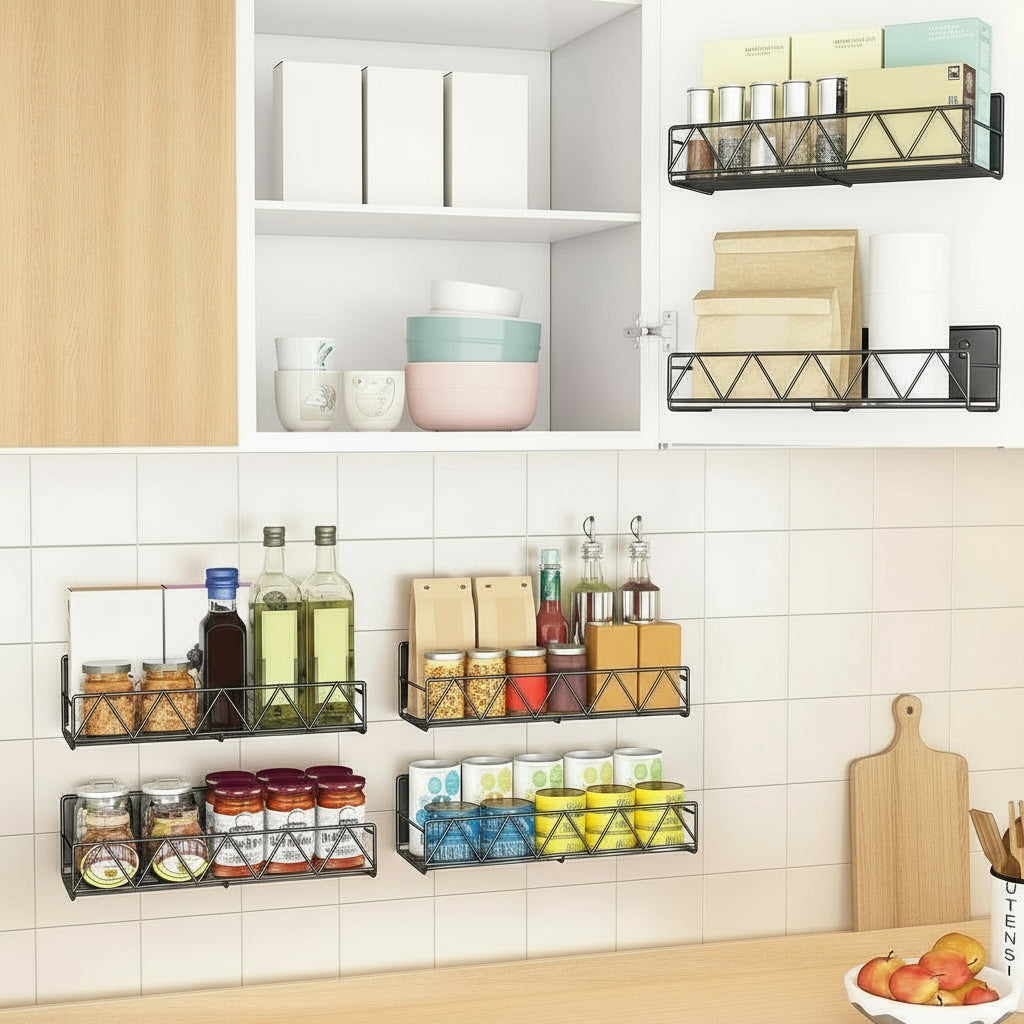 Image demonstrating easy installation of the Vespera no-drill magnetic spice rack set on a metal surface
