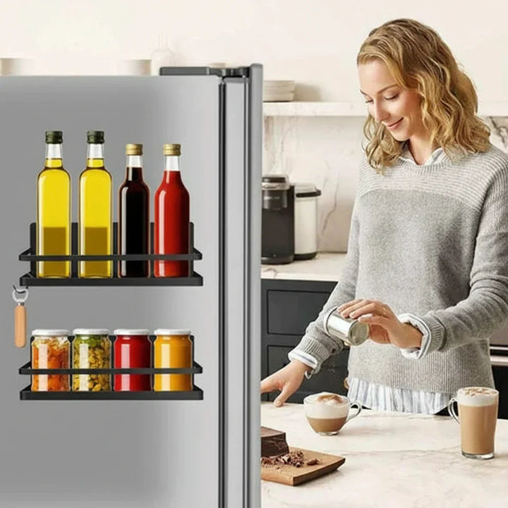 Overhead shot of a Vespera magnetic spice rack, highlighting its sturdy steel construction and efficient space-saving design