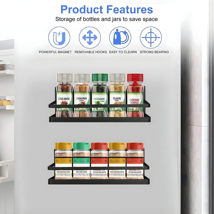 Two-tier magnetic spice rack from Vespera, a space-saving kitchen organizer, mounted on a stainless steel fridge