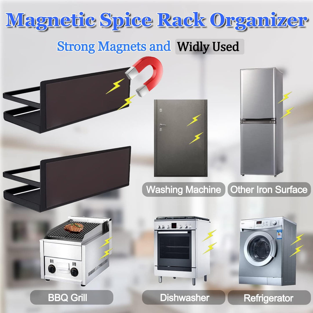 Black metal magnetic spice shelf, ideal for no-drill fridge storage, holding condiments and spices in a modern kitchen