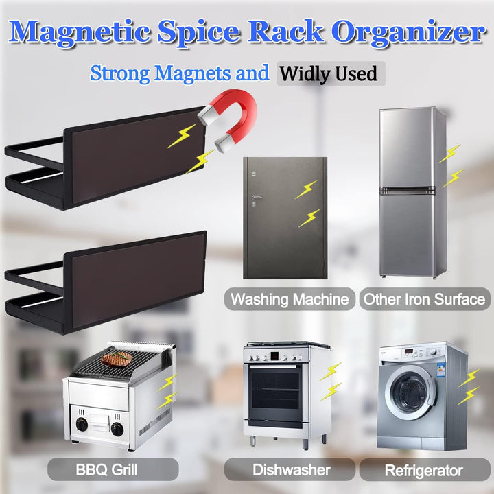 Black metal magnetic spice shelf, ideal for no-drill fridge storage, holding condiments and spices in a modern kitchen