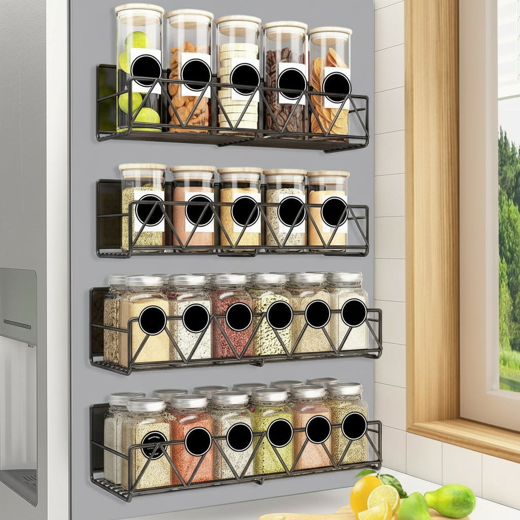 Magnetic spice rack by Vespera filled with colorful spices, simplifying kitchen organization and decluttering countertops
