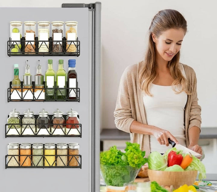 Lifestyle shot of a Vespera magnetic steel rack on a fridge in a modern kitchen, enhancing home organization