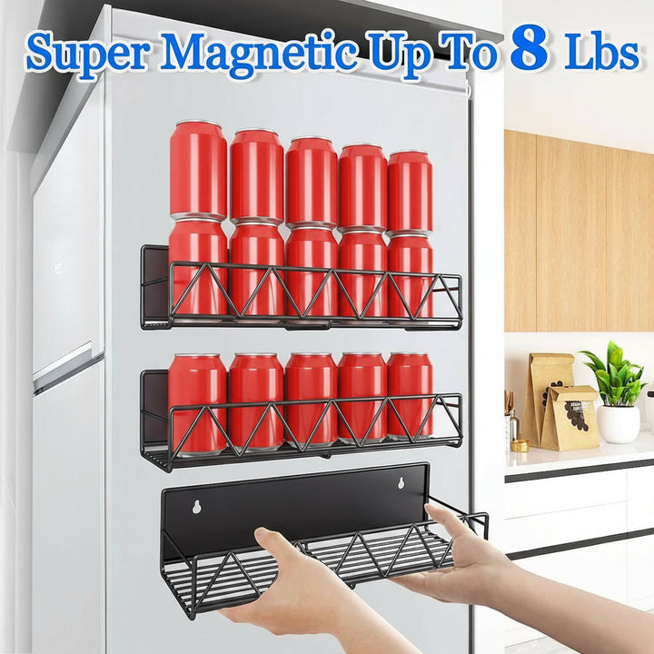 Corner view of a black metal magnetic spice shelf, a no-drill solution for extra storage on a refrigerator side