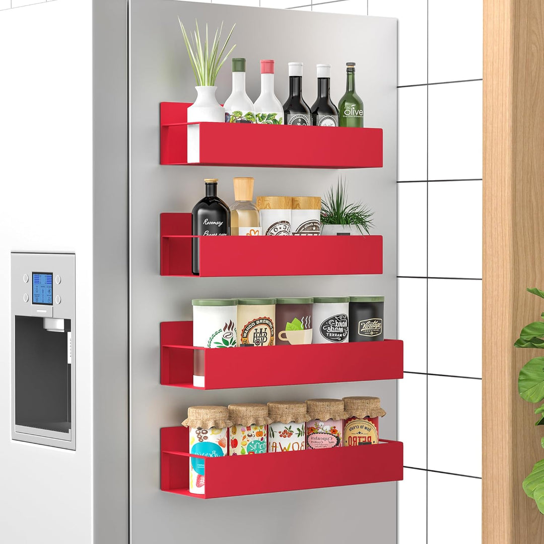Magnetic spice rack set for kitchen organization, black metal shelves on a refrigerator