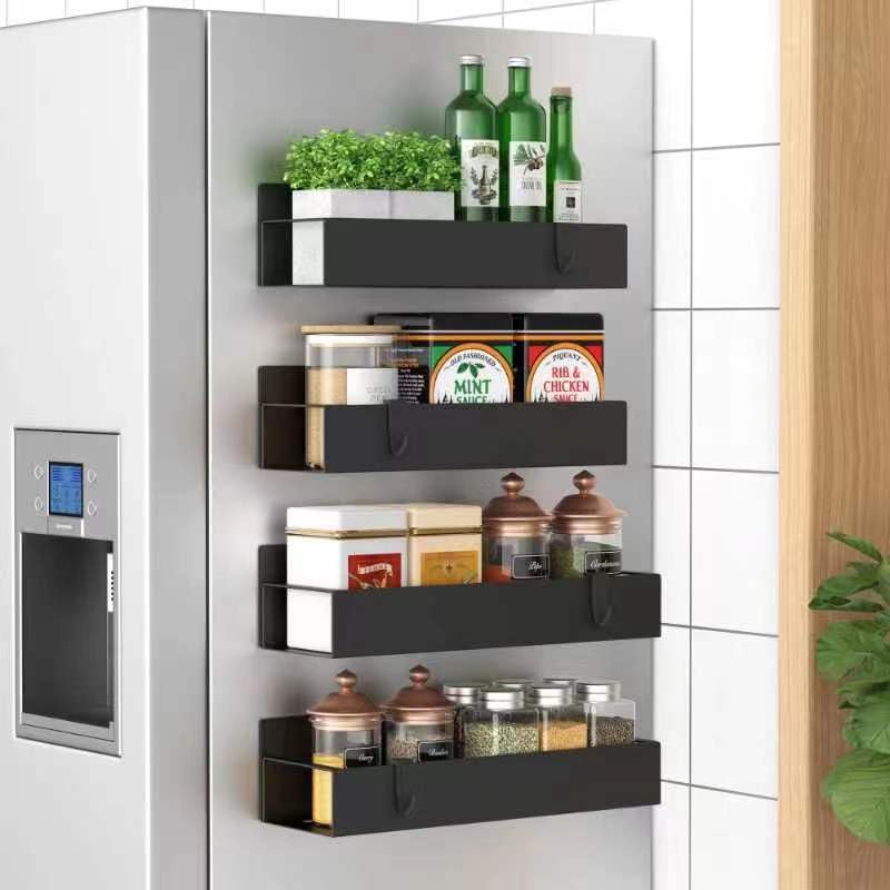 Magnetic kitchen organizer with adjustable shelves, holding spices, oils and seasonings