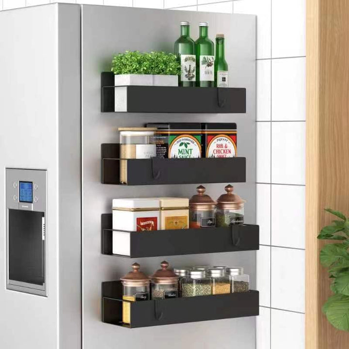 Magnetic kitchen organizer with adjustable shelves, holding spices, oils and seasonings