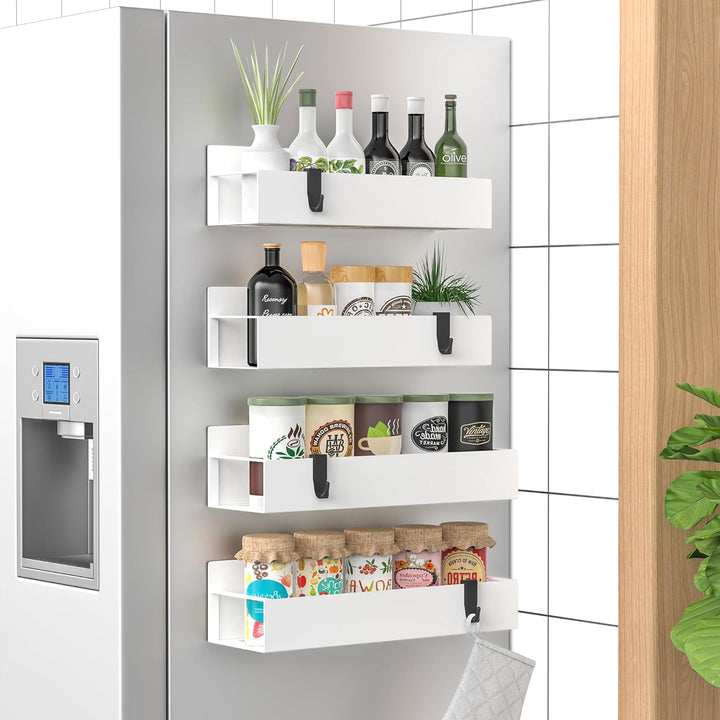 Close-up of magnetic spice shelves holding various spice jars for kitchen convenience