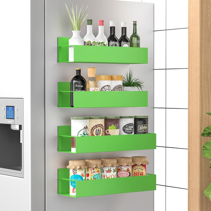 Modern kitchen storage solution: magnetic spice rack set with two tiers on a stainless steel fridge