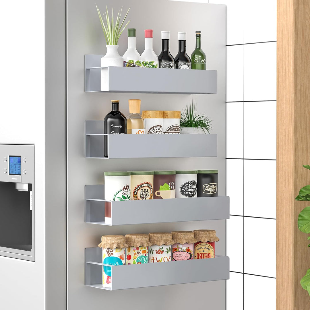 Space-saving magnetic spice organizer attached to a kitchen wall, filled with spice containers