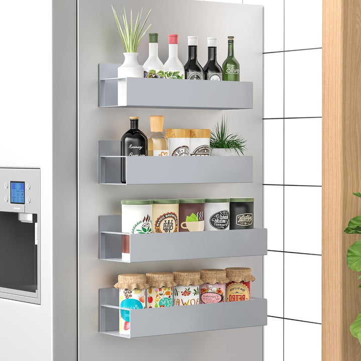 Space-saving magnetic spice organizer attached to a kitchen wall, filled with spice containers