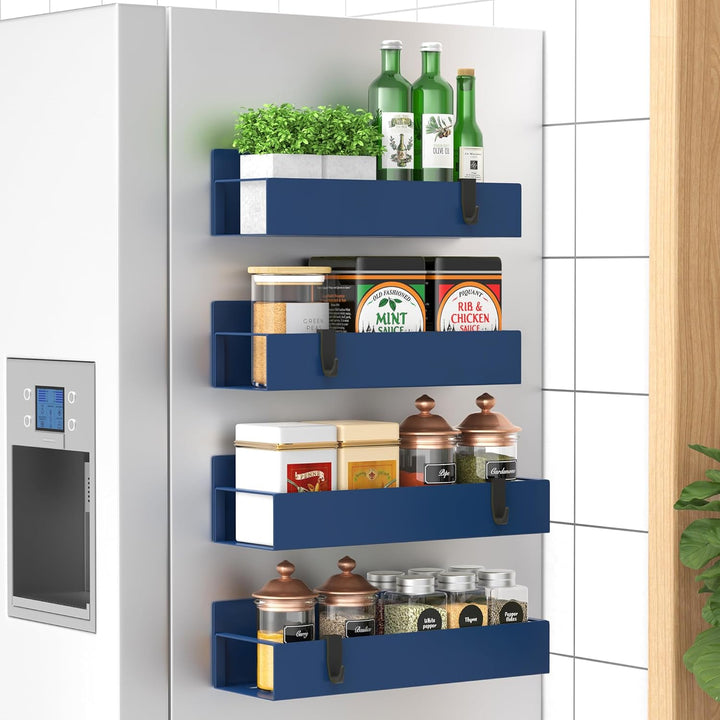 Magnetic shelves for spices, shown fully stocked on the side of a white kitchen cabinet