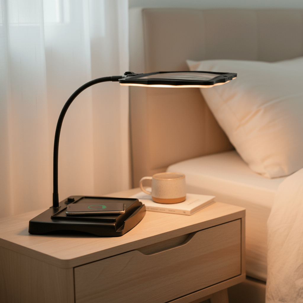 Magnifying LED lamp with flexible arm for detailed reading, crafting, and hobbies. Bright light for detail work.