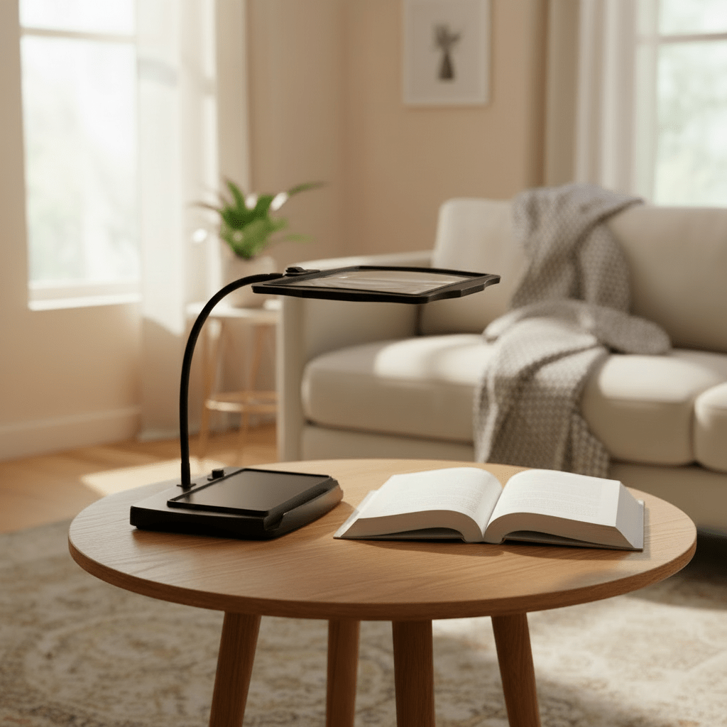Flexible arm magnifying LED light for precise detail work, crafting, and reading. Enhances visibility for hobbies.