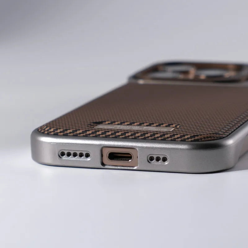 Protective iPhone case, MagSafe compatible, with an integrated kickstand and secure grip.