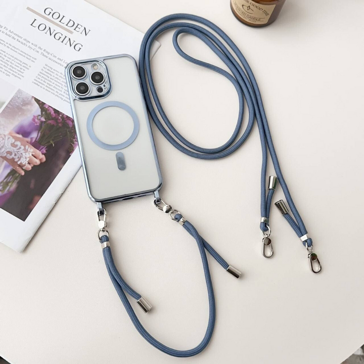 Halo design MagSafe iPhone case with shoulder strap, ideal for daily use