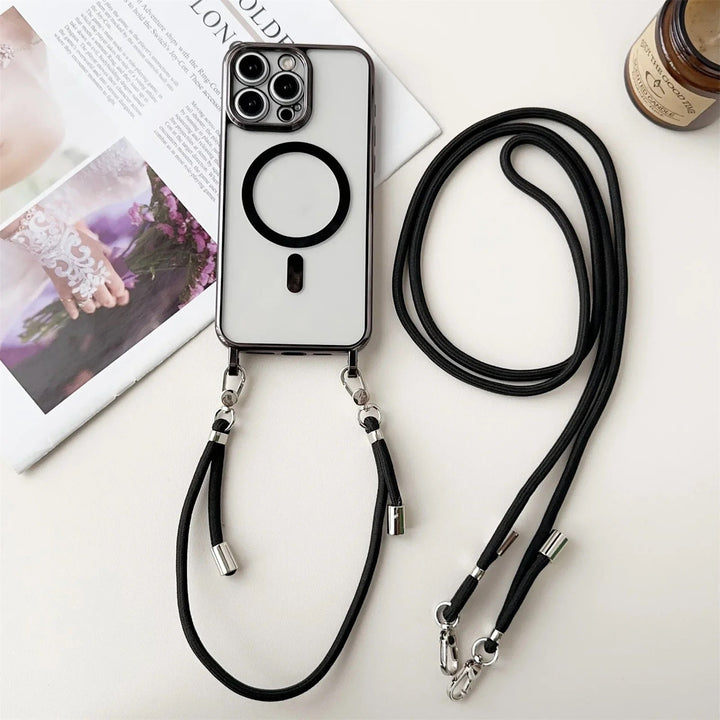 Shockproof MagSafe iPhone 14-16 case with detachable shoulder strap accessory