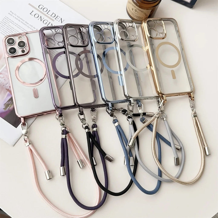 MagSafe protective cover for iPhone 14-16 with a convenient shoulder strap