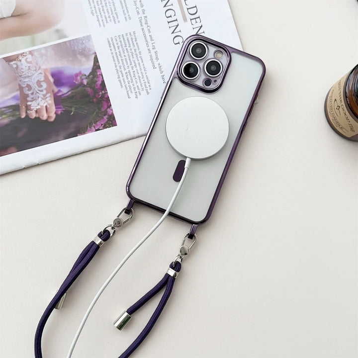 Stylish black Halo MagSafe iPhone case with a durable shoulder strap