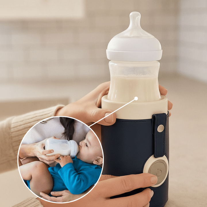 Parent warms baby bottle with portable MAMAGO PRO warmer, ideal for travel and on-the-go feeding.