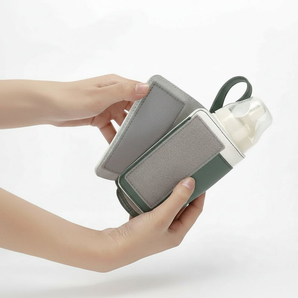 Close-up of MAMAGO PRO portable baby bottle warmer, showcasing compact design & USB charging feature.