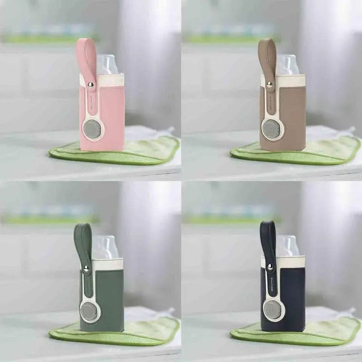MAMAGO PRO portable baby bottle warmer securely attached to a baby bottle, ready for warm milk on the go.