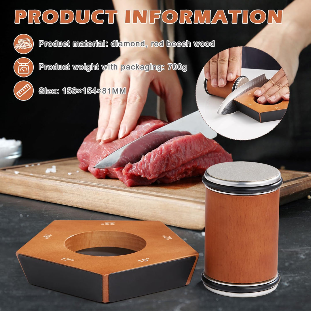 Manual diamond rolling sharpener creating precision, razor-sharp edges on various kitchen knives and culinary tools.