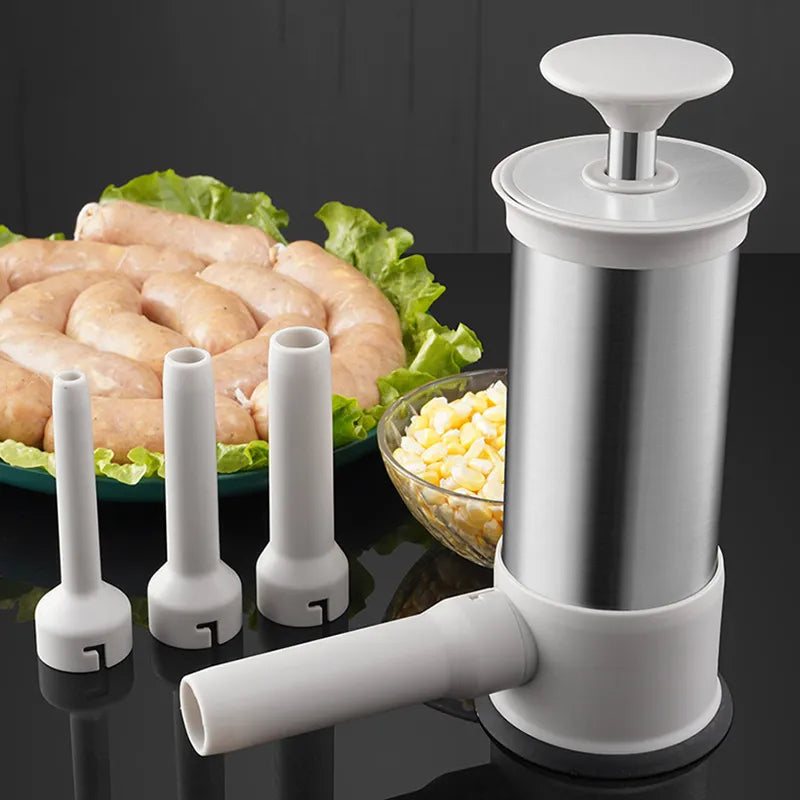 SausageCraft manual stuffer kit with multiple nozzles for easy homemade sausage making and meat preparation.