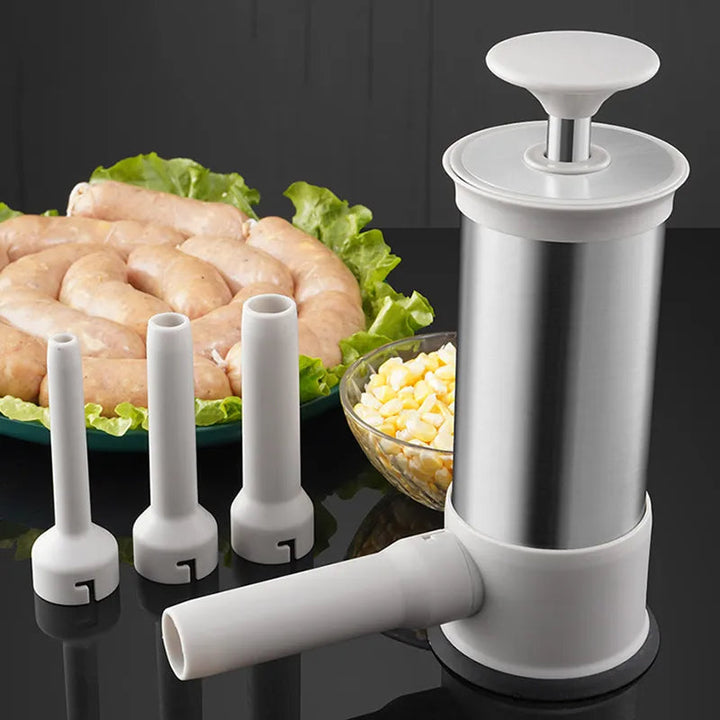 SausageCraft manual stuffer kit with multiple nozzles for easy homemade sausage making and meat preparation.