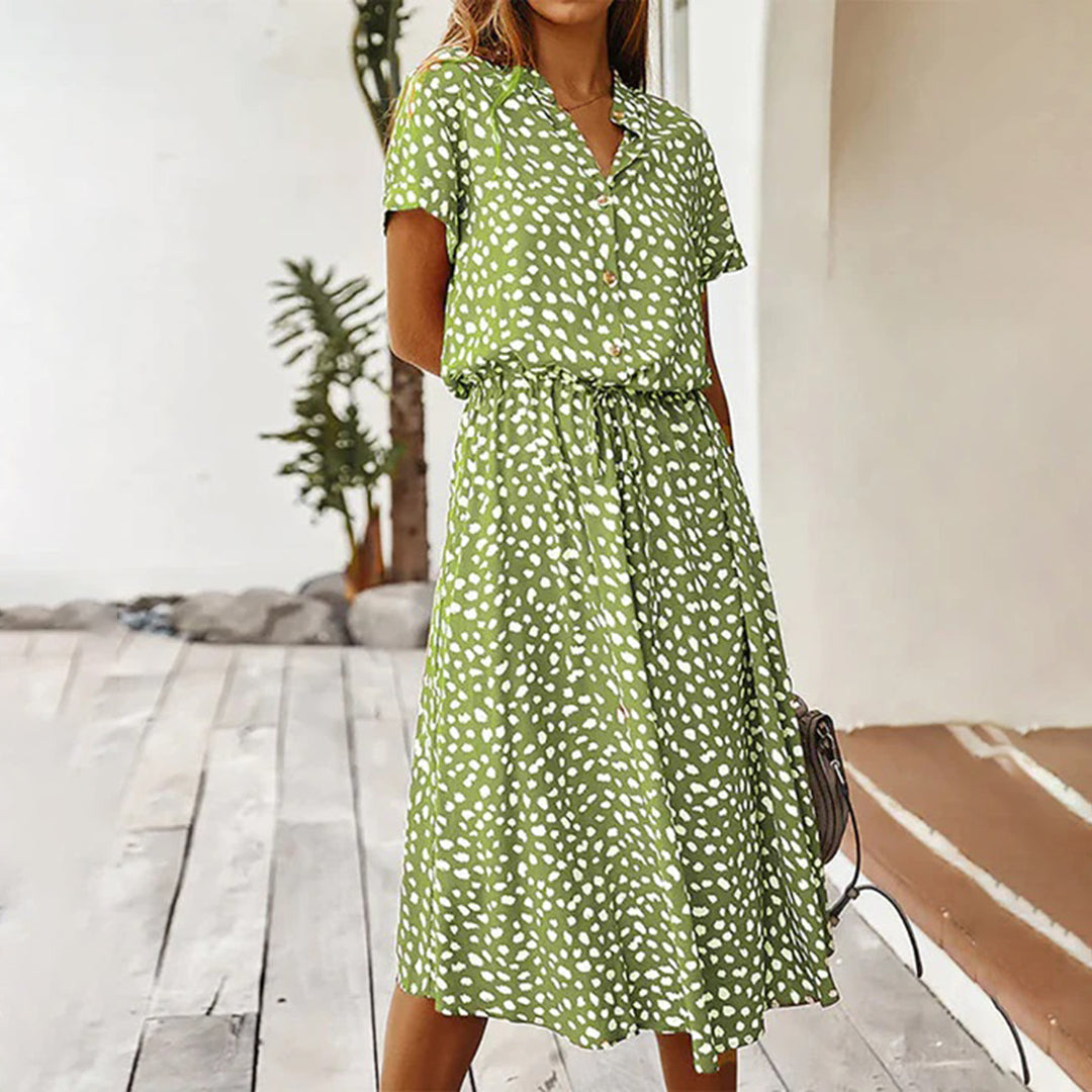 Fashionable printed V-neck midi dress, A-line cut for a comfortable, casual look