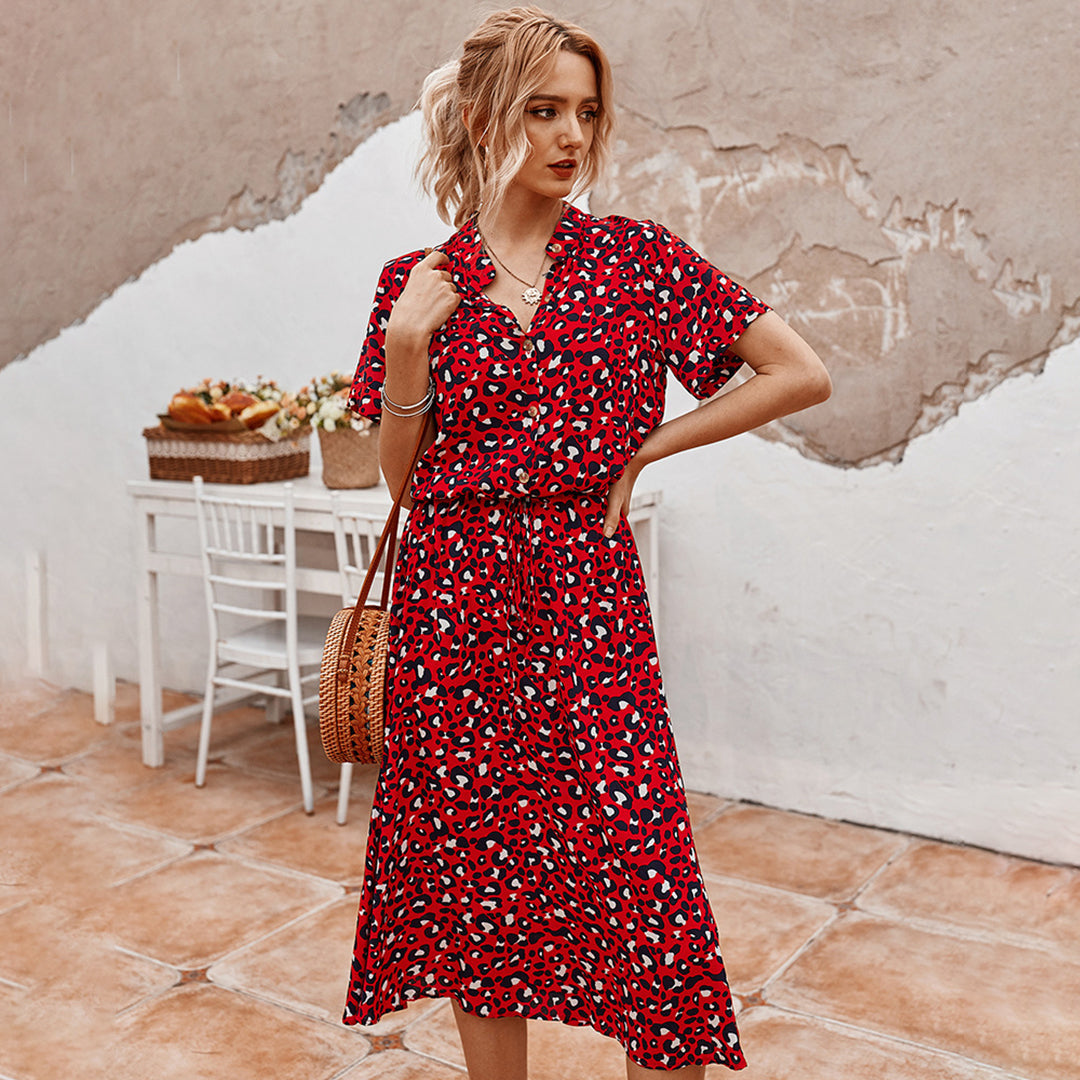Women's printed V-neck A-line midi dress, designed for breezy summer fashion