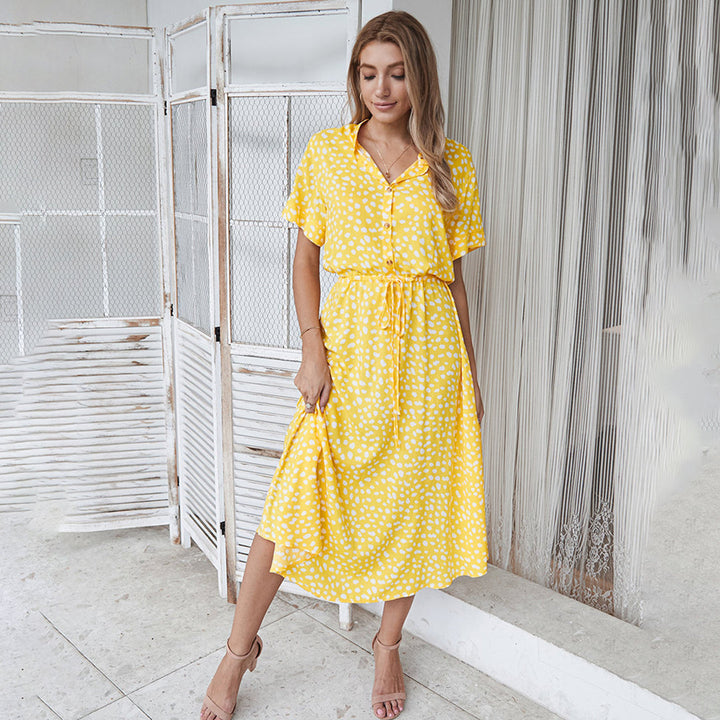 Printed V-neck A-line midi dress for women, showcasing its flattering silhouette