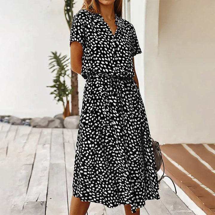 Lightweight women's polyester printed dress, V-neck A-line midi style, versatile fashion