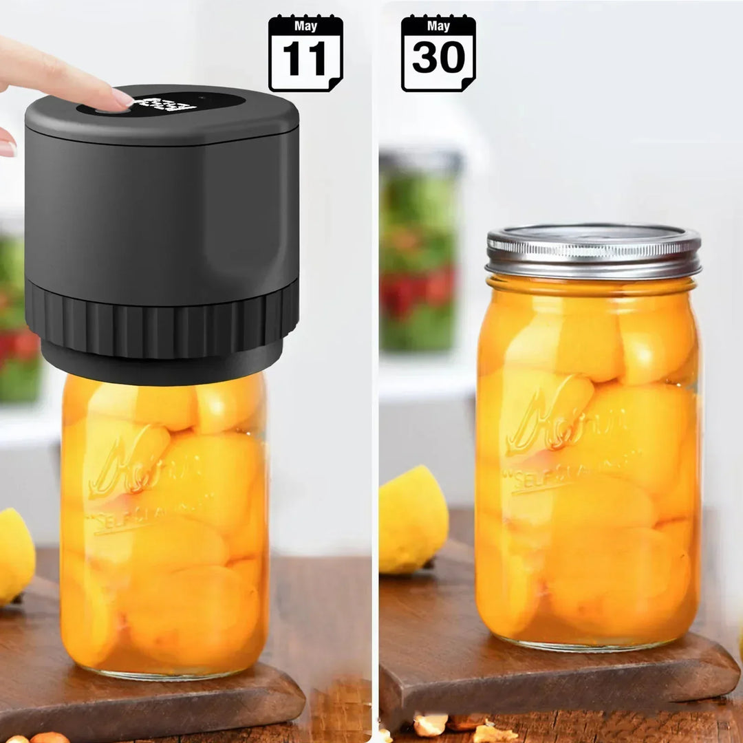 Electric mason jar sealer for extending food freshness and pantry organization.