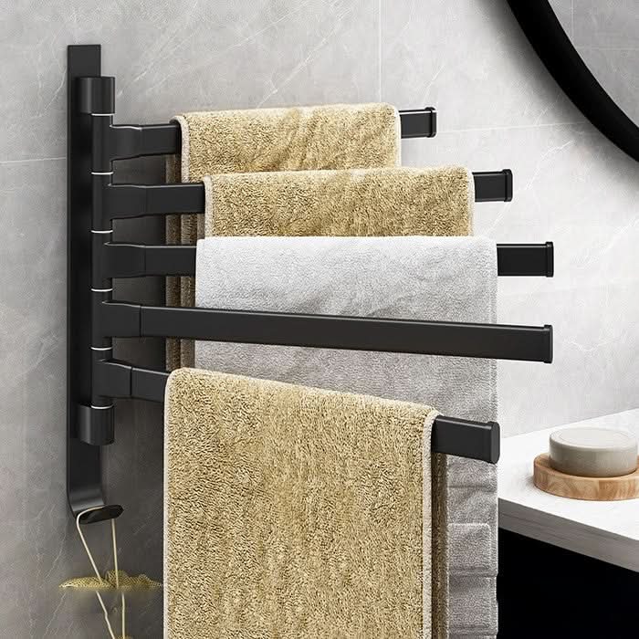 Matte black 5-arm swivel towel bar for bathroom wall mount. Modern, space-saving storage & organization.