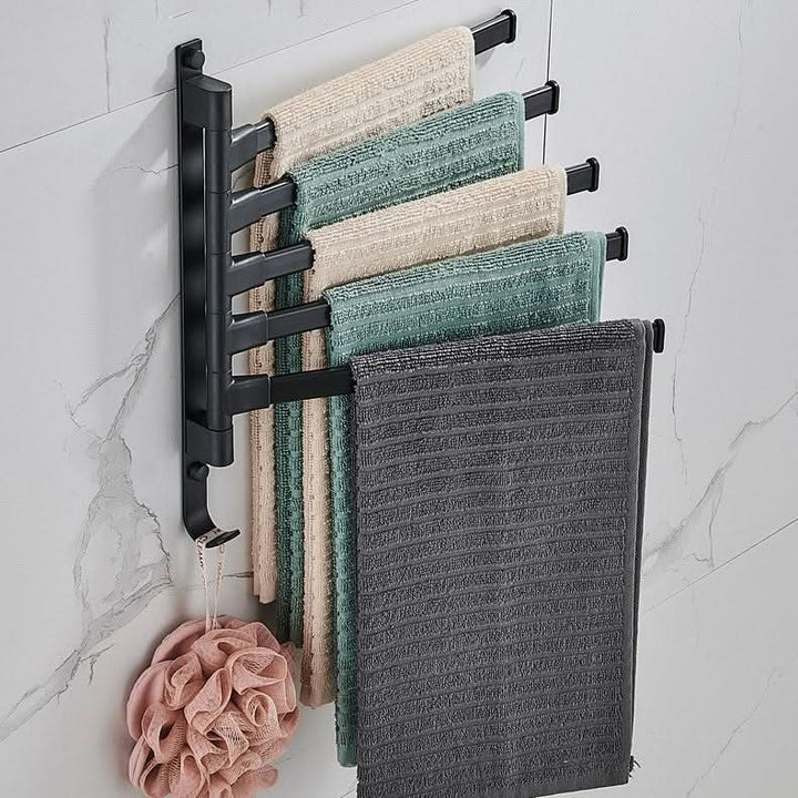 Durable matte black metal 5-arm swivel towel rack. Modern bathroom organization & space-saving towel storage.